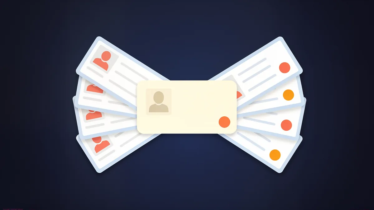 Several profile cards fanning out from a central card, each with a small avatar, on a deep navy background with coral and orange accents.