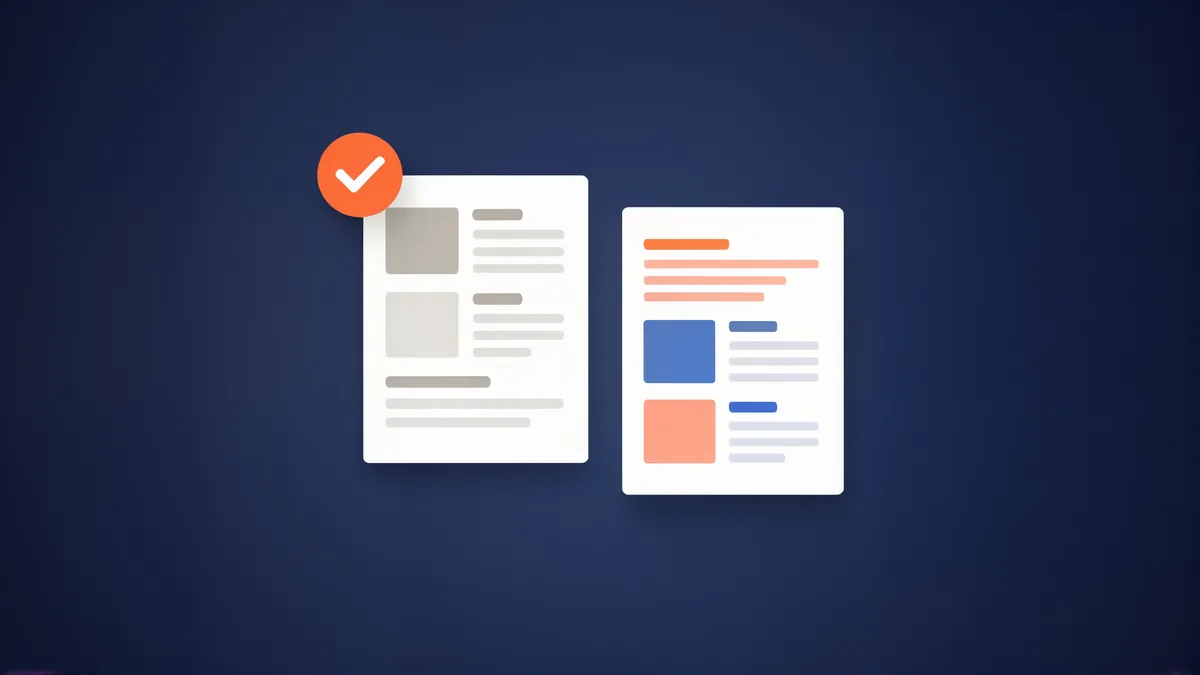 Two CV documents side by side — one clean monochrome with a checkmark, one with muted coral and blue accents — on a deep navy background.