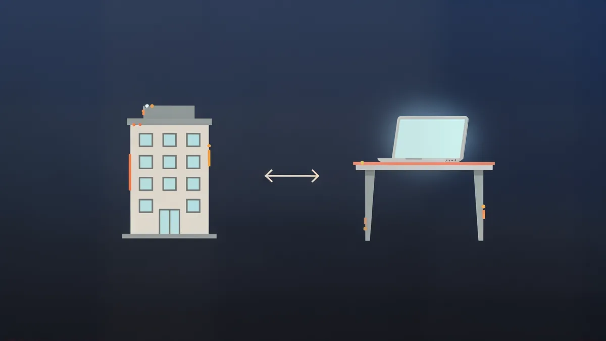 An office building on one side and a desk with a laptop on the other, joined by a two-way arrow, on a deep navy background with coral and orange accents.