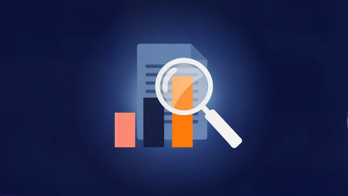 A magnifying glass over a document and a rising bar chart with coral and orange bars, on a deep navy background.
