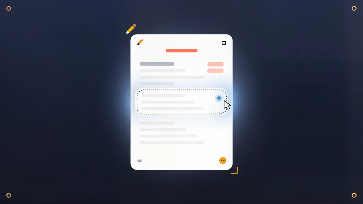 A stylized CV document with one section outlined by a dotted edit box and a cursor, on a deep navy background with coral and orange accents.